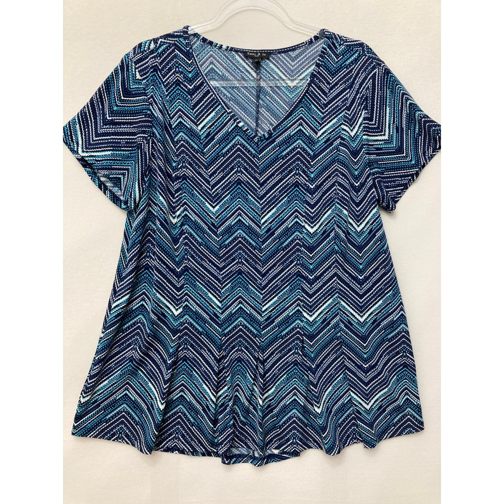 Sami & Jo Blouse Size 1X Blue Chevron Chevron Zig Zag Stretch Relaxed Fit Comfy